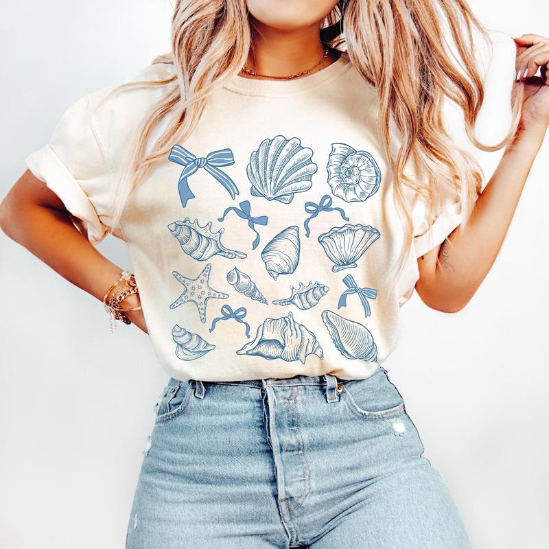 Coquette Seashell Coastal Beach Shirt, Retro Summer Vibes Tee, Summer Coquette Bow Shirt, Vintage Summer Girls Trip Gift...