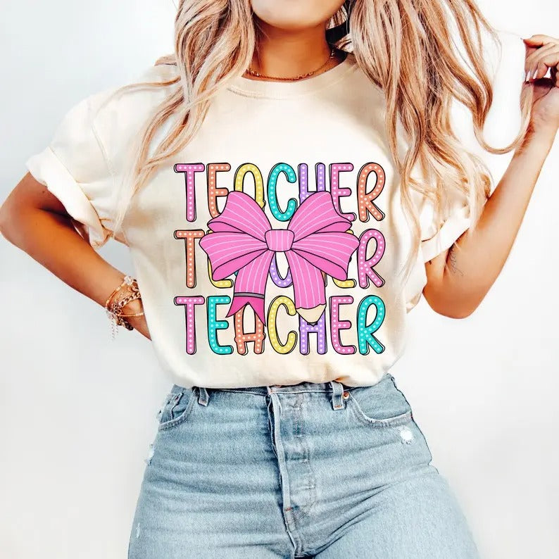 Coquette Teacher T-shirt, Back to School T-shirt,Teacher Appreciation Gift,Bright Doodle Dots,First Day of School...