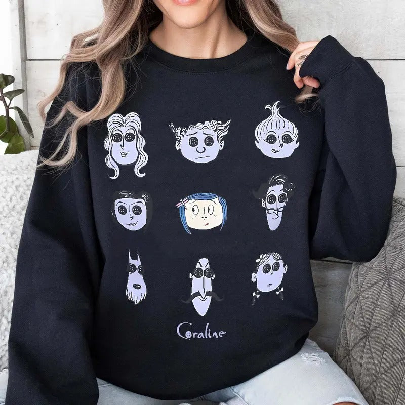 Coraline Button face all Characters T-Shirt, Horror Coraline movies, Horror Character Shirt, Halloween Crewneck Sweatshirt