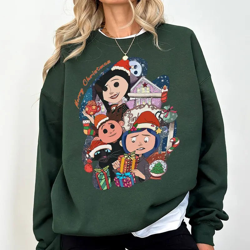 Coraline Chritsmas Movie Sweatshirt, Christmas Hoodie, Coraline Doll Holiday T-Shirts | InkThreadWorks.com