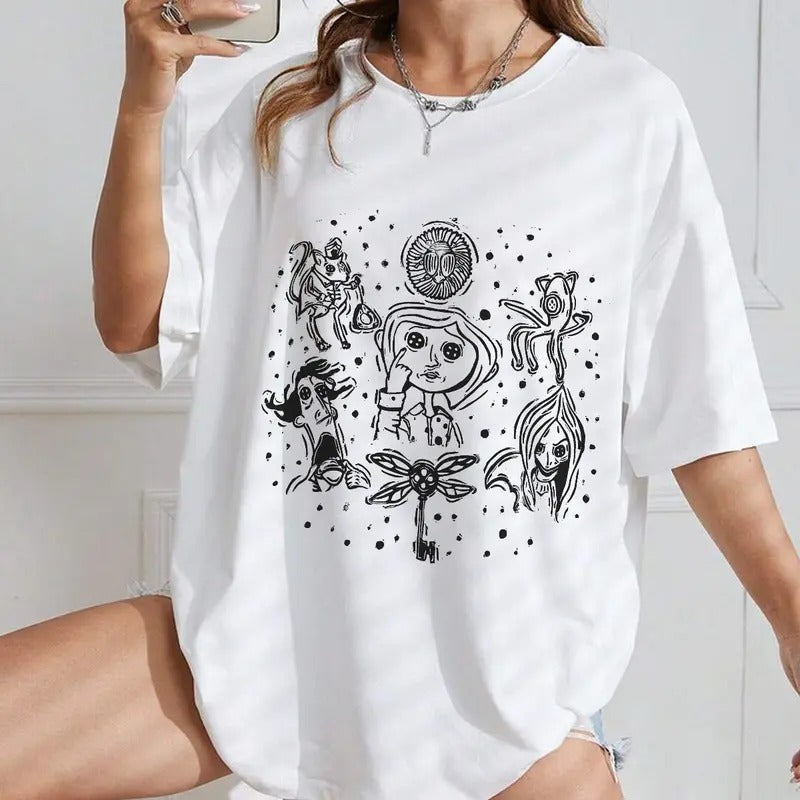 Coraline Doodle Shirt, Horror Coraline movies, Horror Character Shirt, Halloween Crewneck Sweatshirt Hoodie