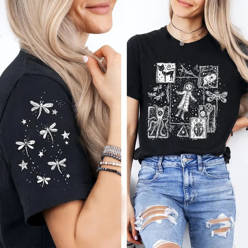 Coraline Dreaming with Dragon Fly Shirt, Horror Coraline movies, Horror Character Shirt, Halloween Crewneck Sweatshirt