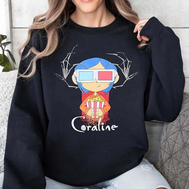 Coraline in Cinema 3D Sweatshirt, Coraline Movies Shirt, Coraline Horror Movies Hoodie, Christmas Hallowen Gift, Trendy design shirt, Graphic Shirt