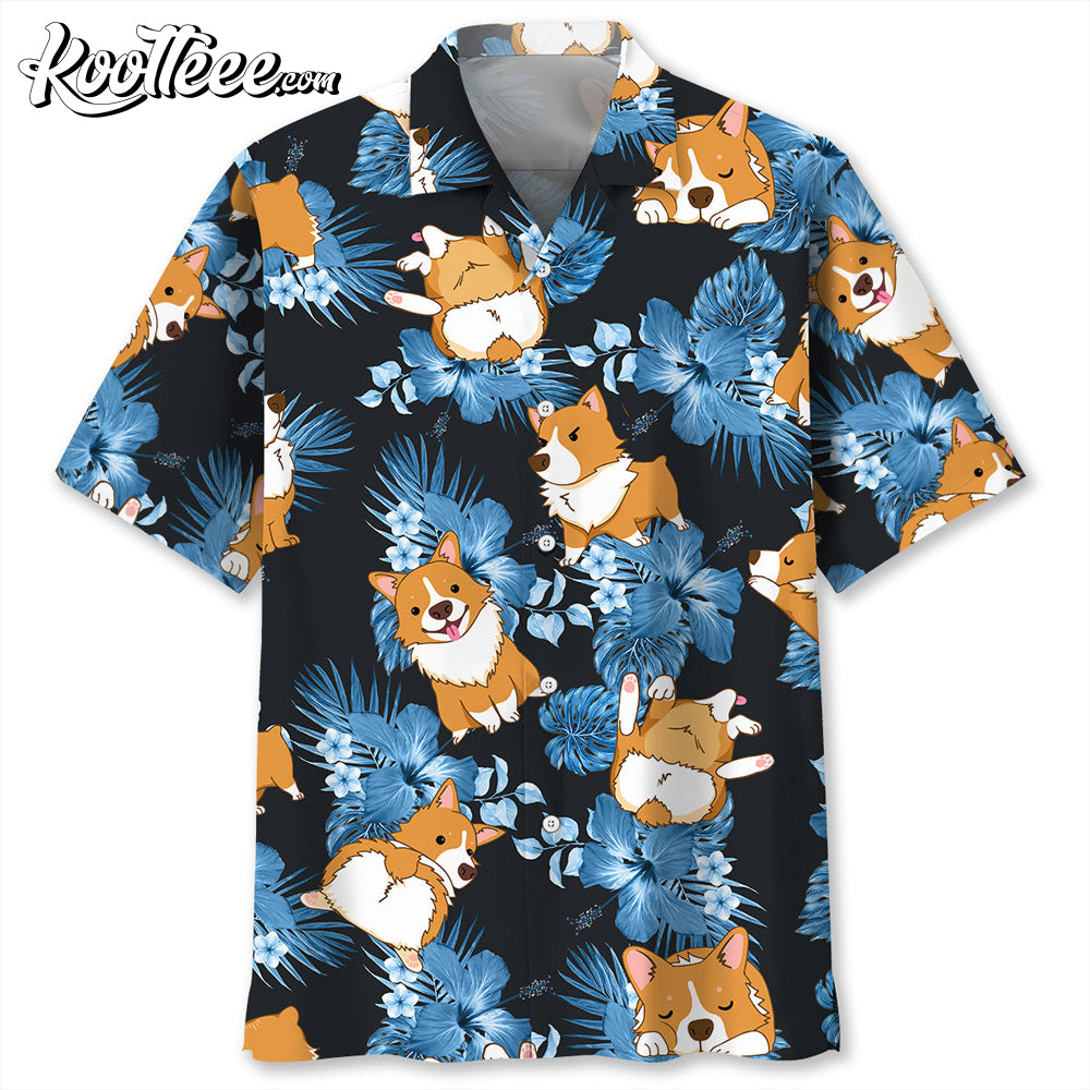 Corgi Dog Blue Floral Hawaiian Shirt