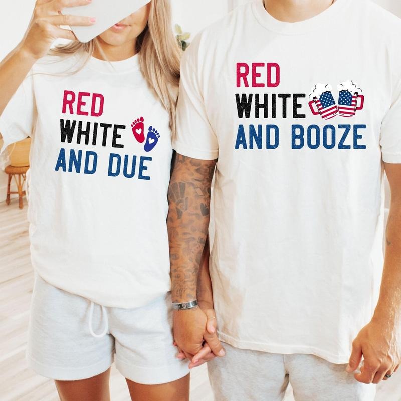 Couples 4th of July Pregnancy Announcement Shirt, New Mom Dad Est 2025 Expecting Shirt, Patriotic Baby Reveal Shirt, Red White & Due booze