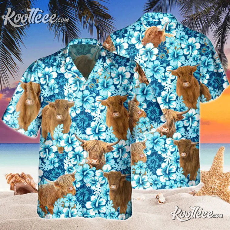 Cow Lovers Highland Blue Hibiscus Flowers Hawaiian Shirt