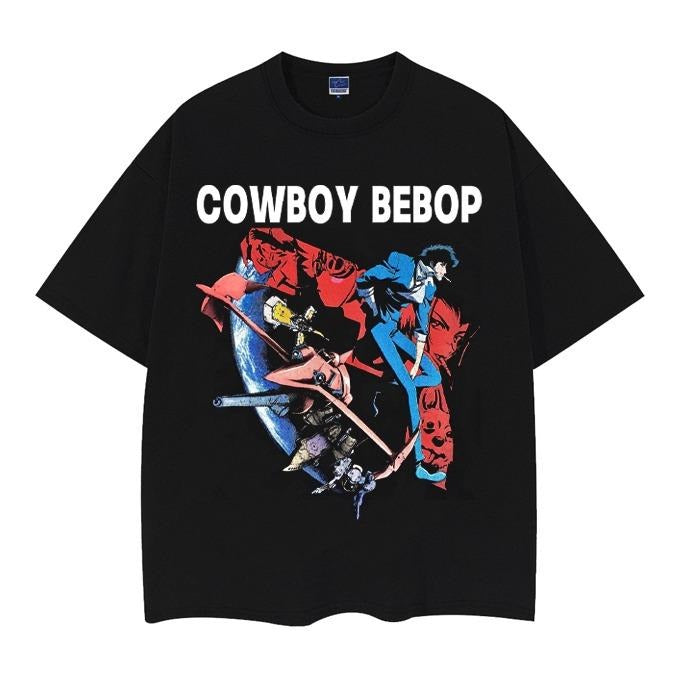 Cowboy Bebop "Spike Spiegel" Heavyweight Vintage Tee 100% Cotton OVERSIZED Anime T-shirt Menswear Top Casual Streetwear Black Crewneck Tshirt Tropical