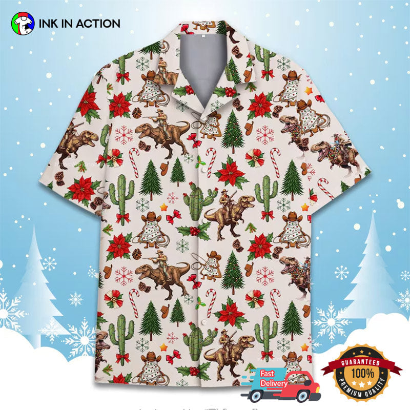 Cowboy Riding Dinosaur T-rex, Western Christmas Hawaiian Shirt