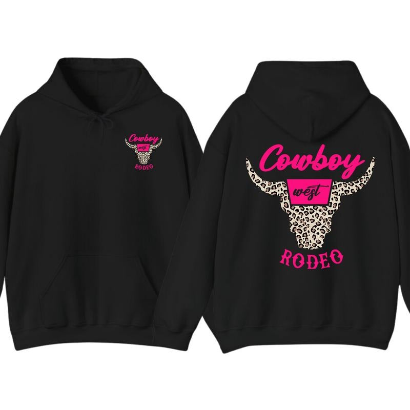 Cowboy Rodeo Hoodie & T-Shirt - Western Bull Skull with Pink Leopard Print, Trendy Graphic Streetwear for Rodeo Fans and Country Style Lovers