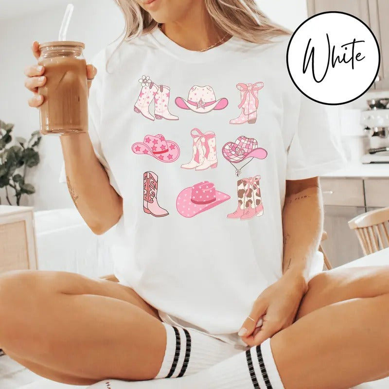 Cowgirl Boots and Hat Shirt - Pink Cotton Round Neck Tee - Unisex Western Graphic Design - Cute Country Crewneck Shirt for Womenswear