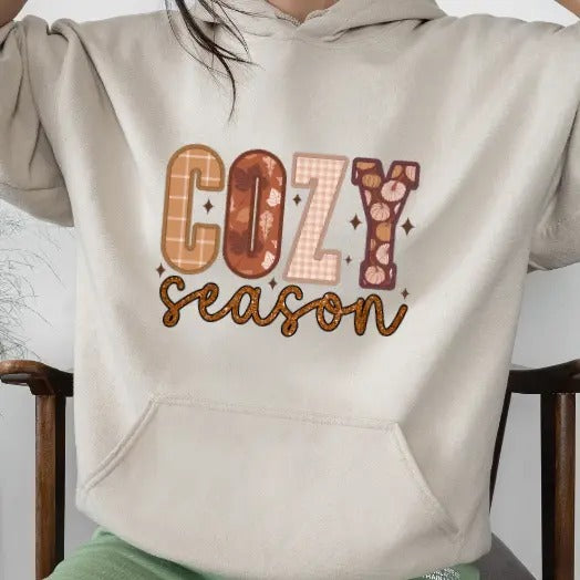 Cozy Season Feaux Ebroidered Autumn Sweatshirt Casual Comfort T-Shirts, Hoodie | InkThreadWorks.com