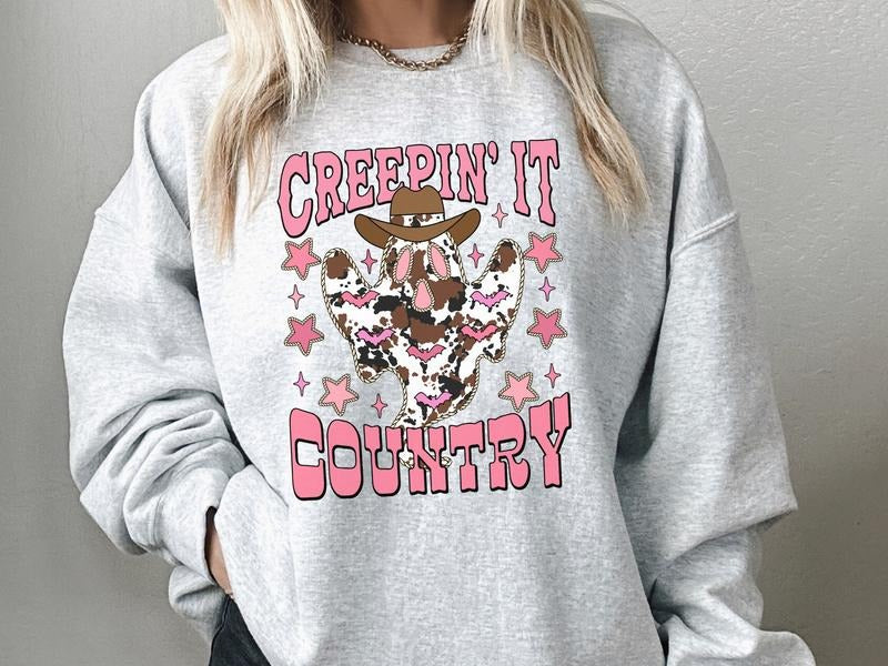 Creepin It Country Leopard Ghost Sweatshirt in Ash, Halloween Sweatshirt in Western Style T-Shirts, Hoodie