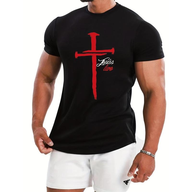 Cross & Letter JESUS LIVE Pattern Print Men's T-shirt, Graphic Tee Men's Summer Clothes, Men's Outfits Made in USA