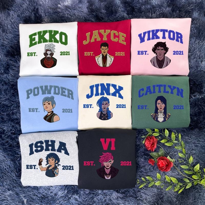 Custom Arcane Characters Embroidered Sweatshirt, Jinx Vi Caitlyn Isha Embroidery Hoodie, Arcane Movie Shirt
