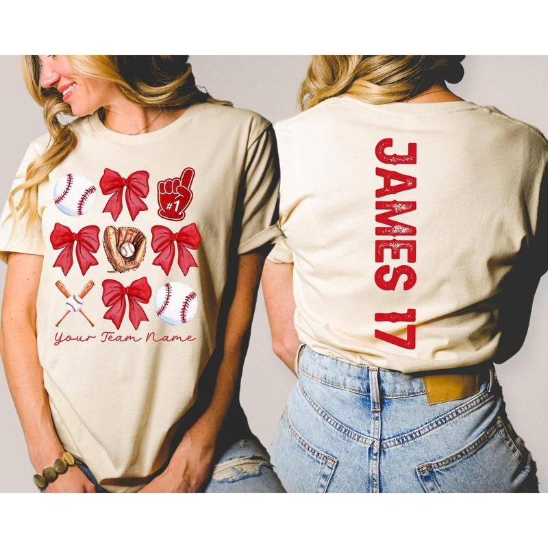 Custom Baseball Mama Shirt with Bow, Tball Mom Shirt, Team Mom T Shirt with Kid Name Number,Baseball Sister Tee Hoodie,...