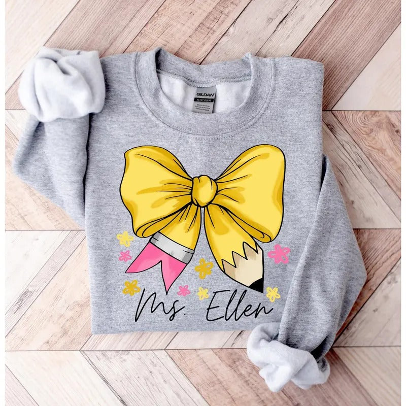 Custom Coquette Teacher Name Shirt, Coquette Pencil Bow Shirt, Trendy Back to School Tee, Elementary Teacher Appreciation...