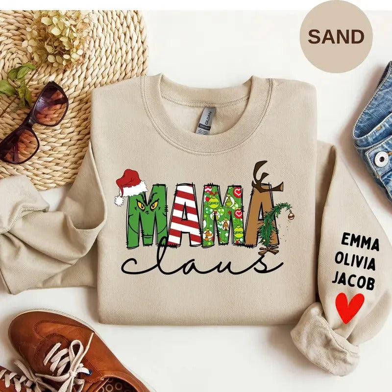 Custom Mama Claus Sweatshirt, Mom Cozy Christmas shirt, Cute Personalized Mama Sweater, Custom Mama Name Top, Gifts For...