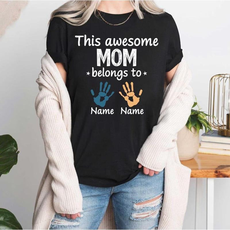 Custom Mom Shirt, Personalized Handprint Kids Name Shirt, Mama Shirt with kids Name,Mom Belongs to,Kids Name Shirt,Mama...
