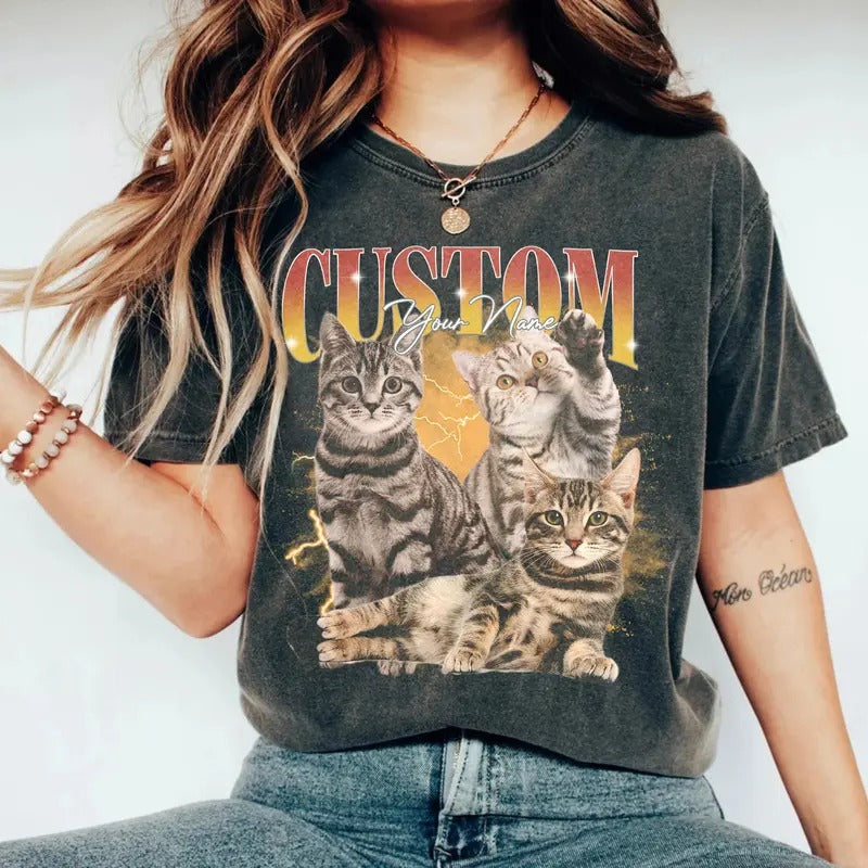 Custom Photo Cat Bootleg 90s Shirt, Custom Cat Bootleg Rap Tee Shirt, Custom Pet Photo Your Own Bootleg Shirt