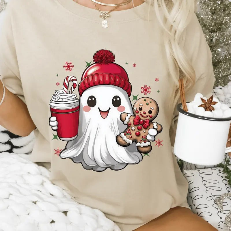 Cute Christmas Ghost with Gingerbread and Coffee Shirt - Holiday Graphic Tee - Casual Winter Softstyle Unisex T-Shirt