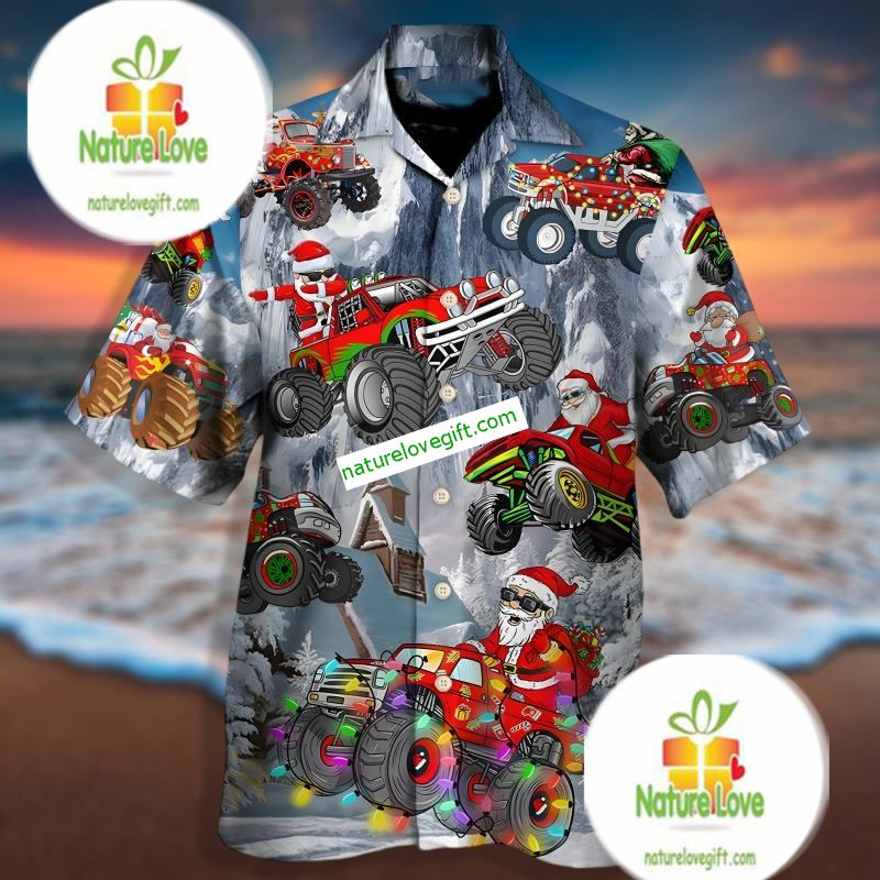 Cute Santa Claus Riding Red Truck Grey Original Hawaiian Shirt