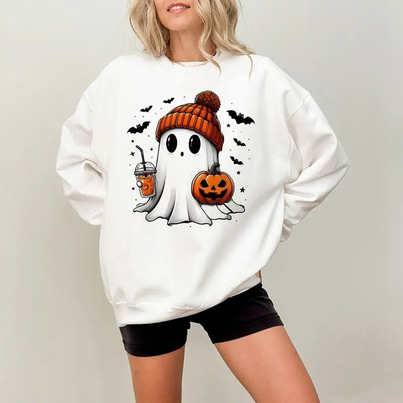 Cute Spooky Coffee Sweatshirt, Womens Ghost Sweatshirt, Spooky Season, Fall Coffee Lover Shirt, Halloween Party Shirt, Fall Graphic Shirt