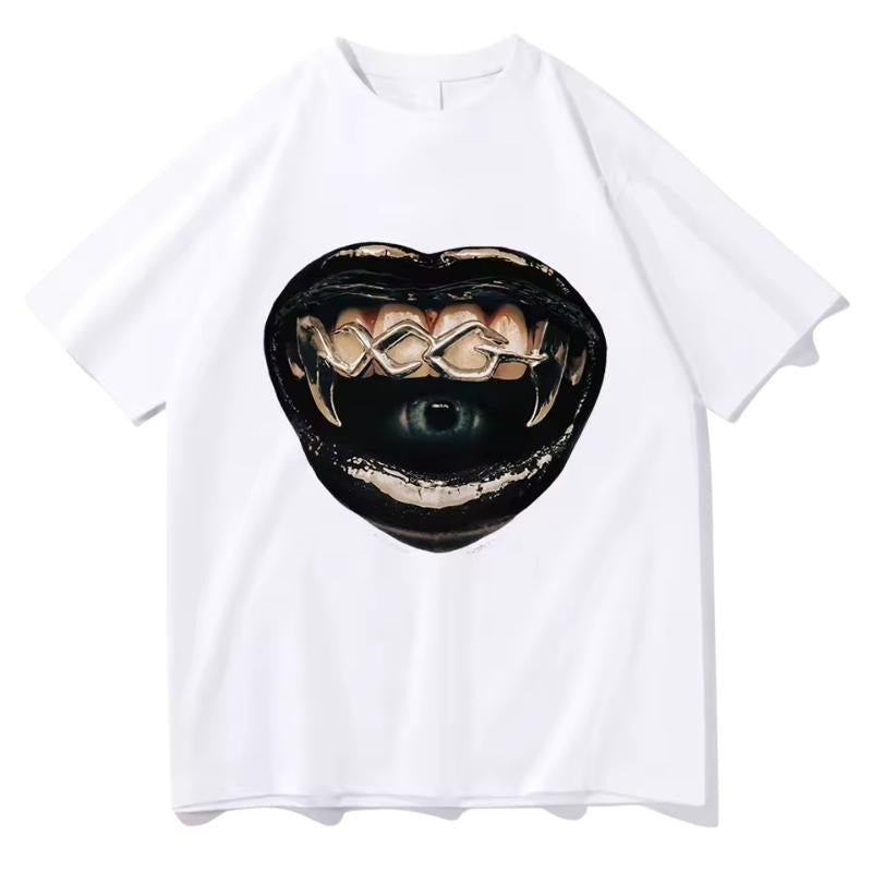 Cyberpunk Fang Mouth Tee, Vintage Y2k Graphic Tee, Unisex Cotton Short Sleeve T-shirt, Fun Graphic Print T-shirt, Unisex Clothing, Summer T-shirt