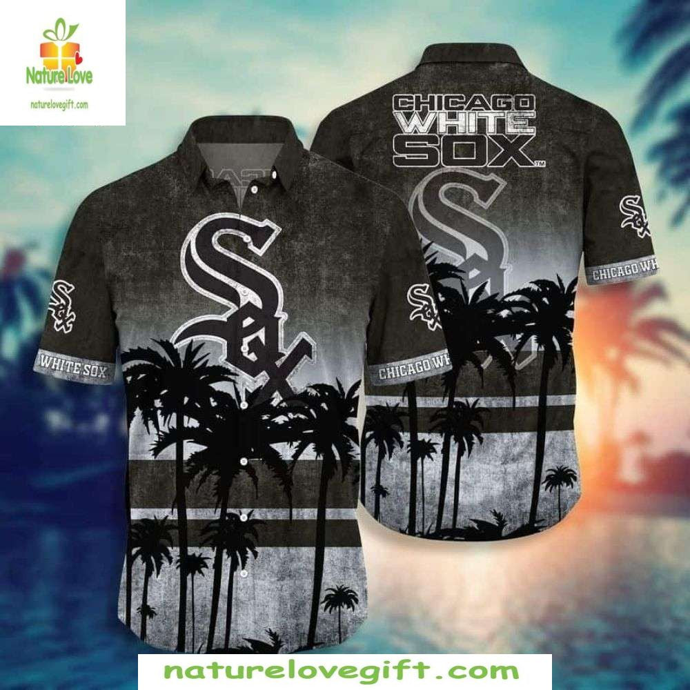 White Sox Hawaiian Shirt Dark Palm Silhouettes Tropical Sunset Aloha