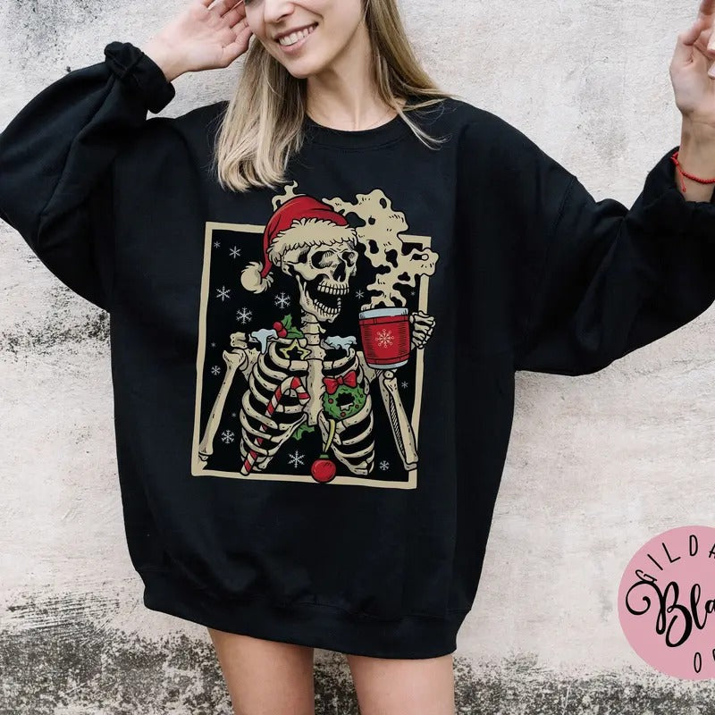 Dead Inside Skeleton Christmas Sweatshirt, Coffee Lover Christmas Gift, Sarcastic Christmas Coffee Shirt, Merry Christmas...