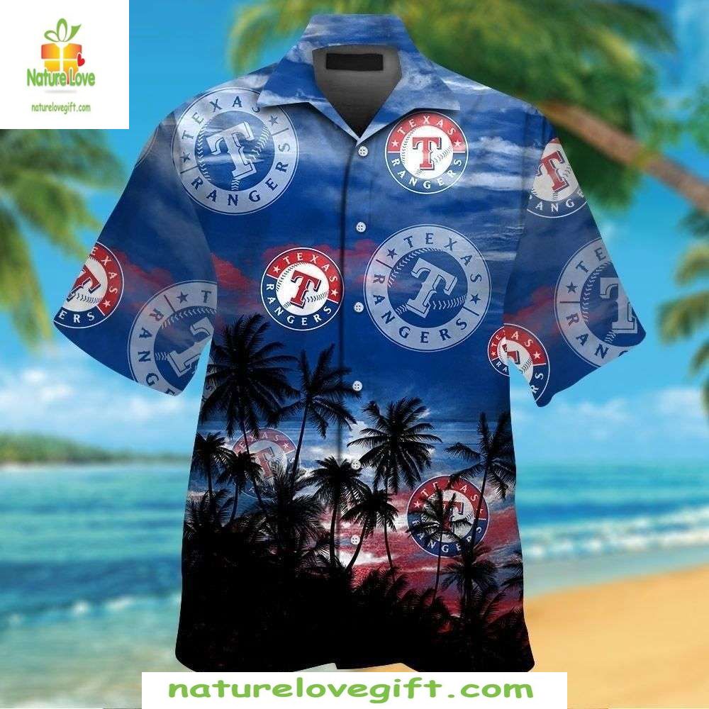 Texas Rangers Aloha Shirt Deep Blue Skies Palm Tree MLB Hawaiian Shirt