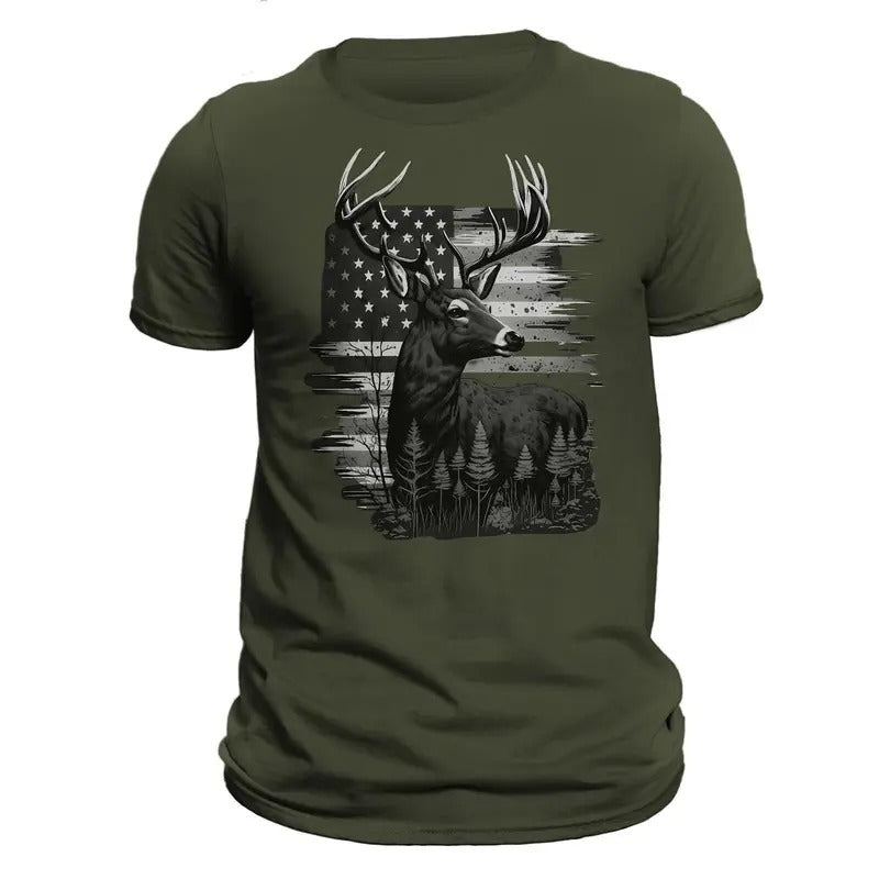 Deer Hunter American Hunting Flag Men's T-Shirt Casual Classic