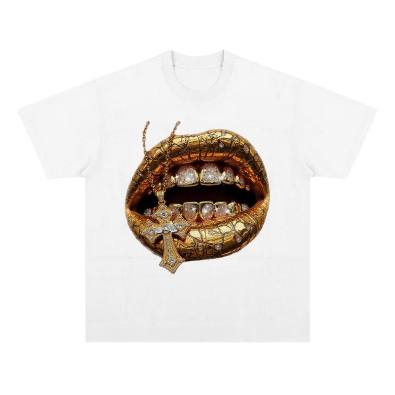 Desert Gold Art Diamond Lips Print T-Shirt, Vintage Graphic Tee, Y2k Clothing, Unisex Cotton Crewneck T-Shirt Menswear Womenswear Underwear Streetwear Top