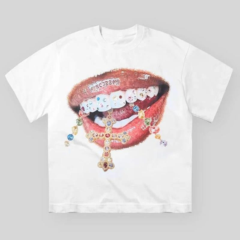 Diamond Teeth Cross Print T-Shirt, Grillz T-Shirt, Vintage T-Shirt, Y2k Graphic Tee, Y2k Clothing, Unisex Cotton Crewneck T-Shirt Menswear Womenswear Underwear Streetwear Top Summer Tropical Casual