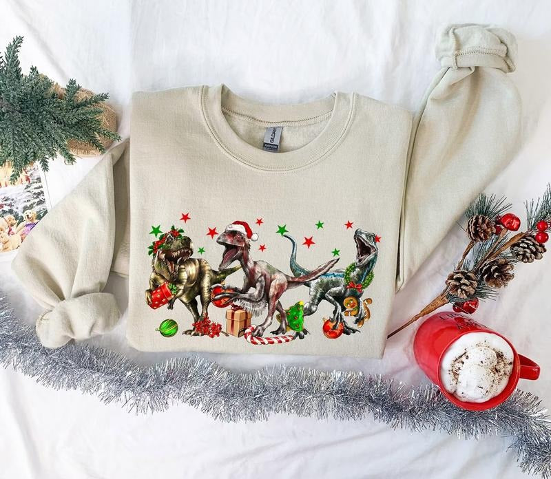 Dinosaur Christmas Sweatshirt, Dinosaur Sweatshirt, Funny Christmas Hoodie, Dinosaur Sweater Long Sleeve Cotton T-Shirts