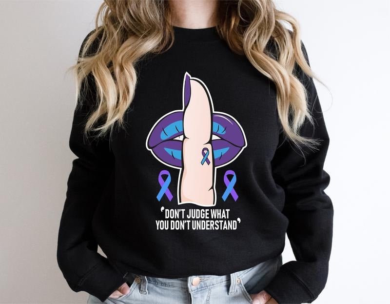 Don't Judge What You Don't Understand Sweatshirt, Rheumatoid Arthritis Awareness Hoodie, Blue and Purple Ribbon Sweater,...
