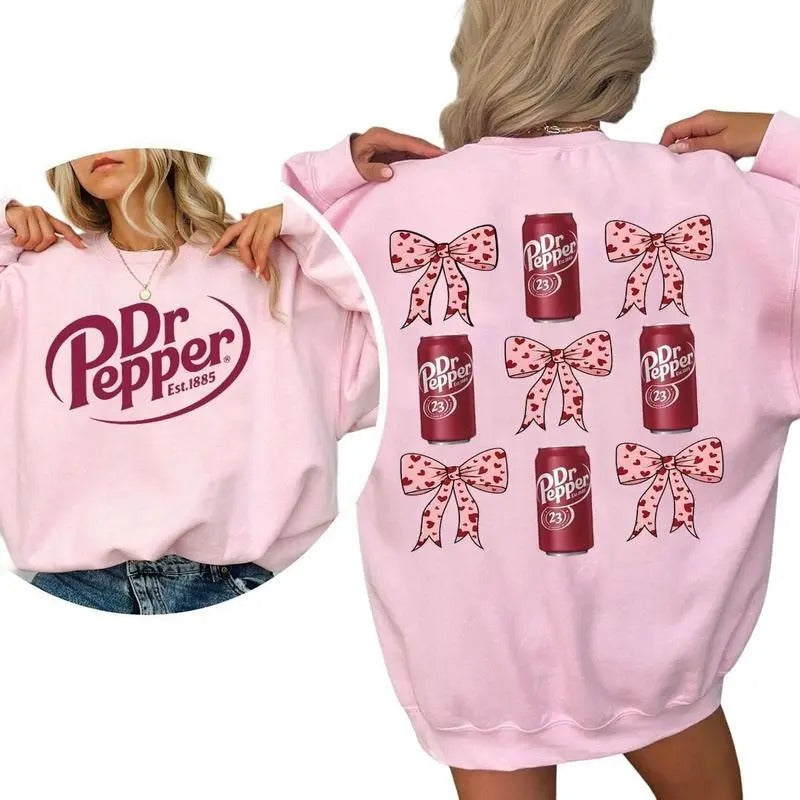 Dr Pepper Coquette Bow Pink Hoodie, Retro Soda Dr Pepper Hooded, 2 Sided Casual Classic Cotton Crewneck Graphic Shirt Gift For Men And Women