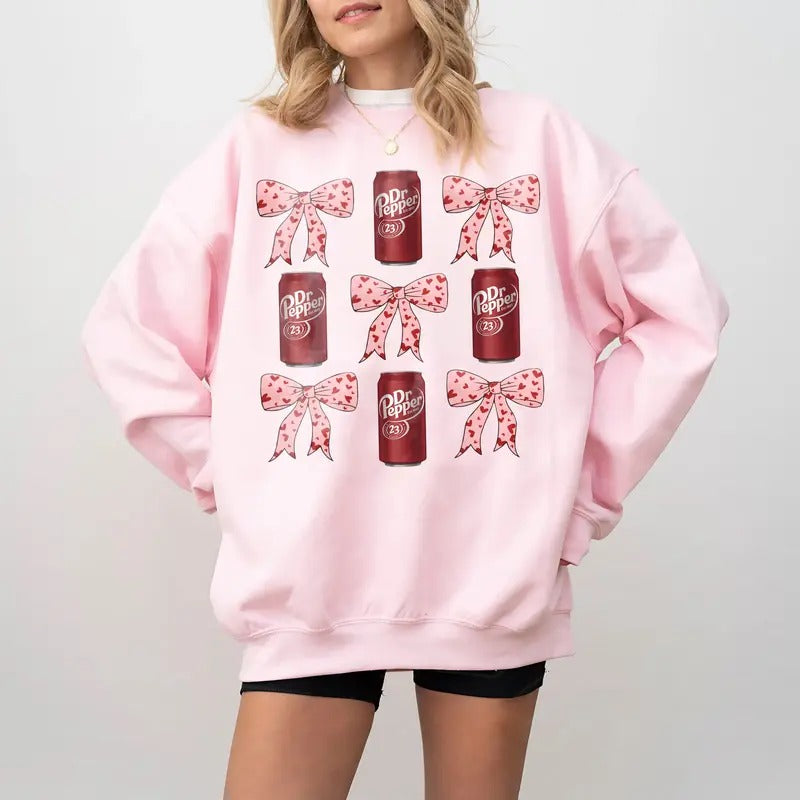 Dr Pepper Coquette Bow Pink Sweatshirt, Retro Soda Dr Pepper Shirt, Gift for love one, Classic Cotton Crewneck Graphic Shirt, Full Size and Full Color