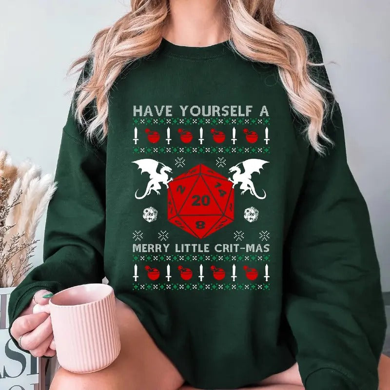 Dungeon Dragons Sweatshirt Dungeon Dragons Dnd Have Yourself A Little Merry Little Crit-Mas Ugly Sweater Shirt, Christmas...