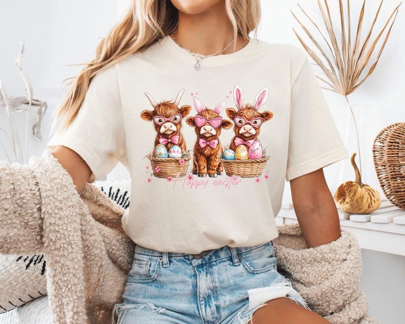 Easter Highland Cows Unisex Shirt ONLY ONE NATURAL LARGE AVAILABLE Hoodie, Sweatshirt | InkThreadWorks.com