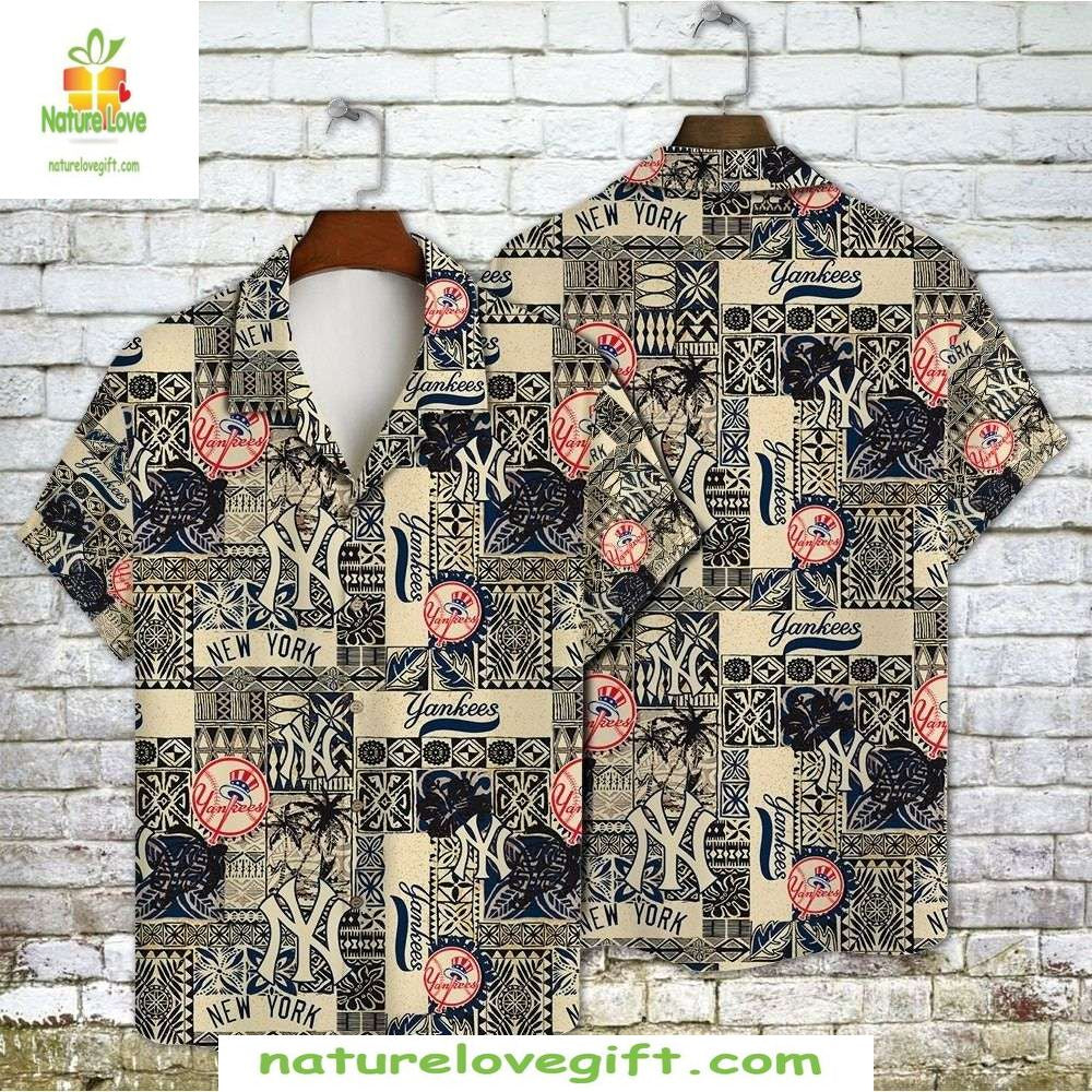 NY Yankees Hawaiian Shirt Elegant Tapa Beige Navy MLB Baseball Apparel