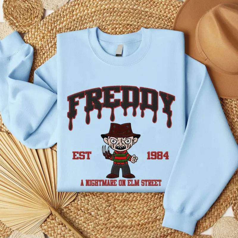 Embroidered Horror Freddy Krueger Halloween Sweatshirt, Horror Movie Embroidery Shirt