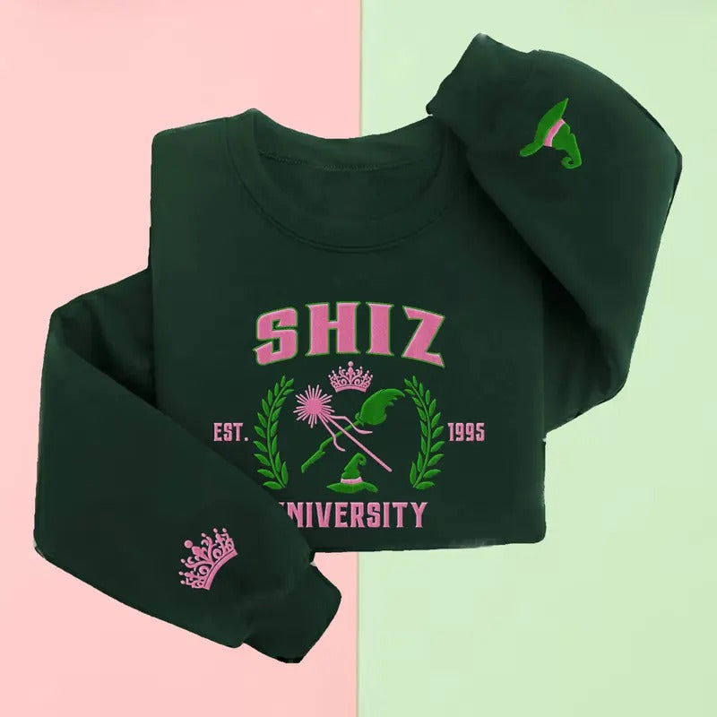 Embroidery Shiz University Wicked Glitter Sweatshirt, Elphaba and Glinda Embroidery Hoodie, Wicked Defy Gravity, Emerald...
