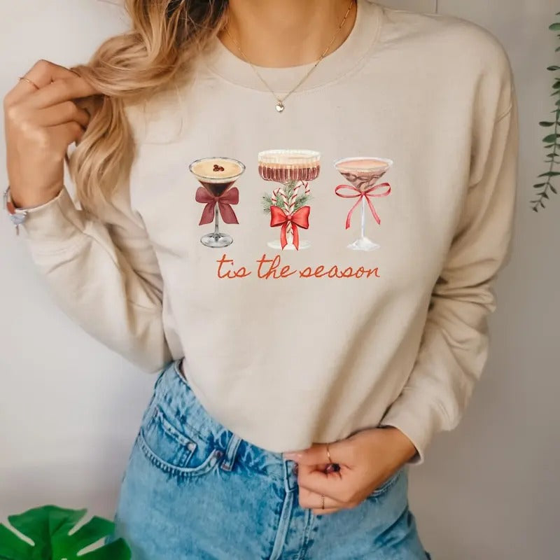 Espresso Martini Art Christmas Crewneck Sweatshirt, Espresso martini glass print, Christmas pullover sweatshirt for women, Christmas drink