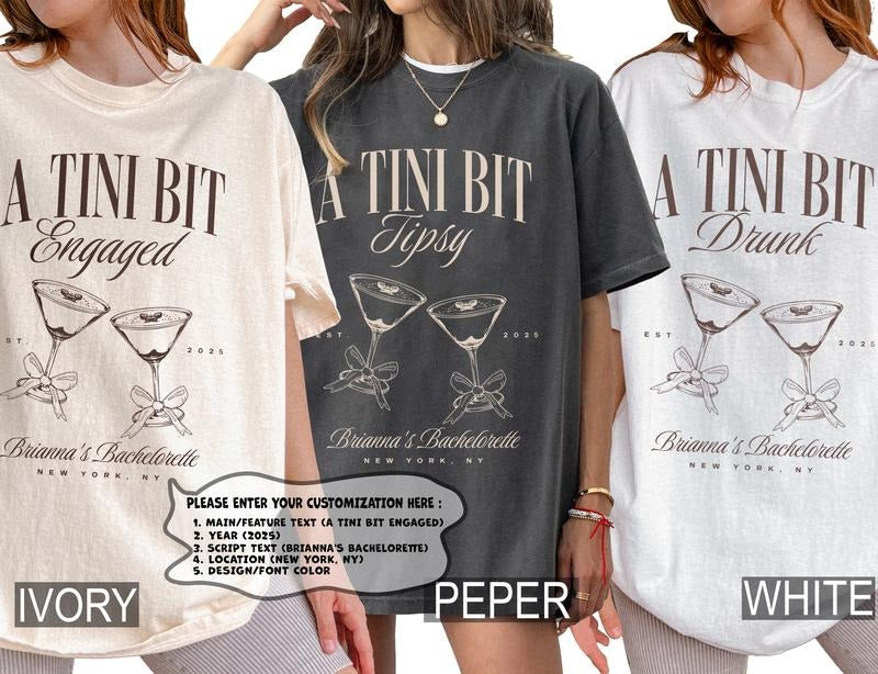 Espresso martini bachelorette party shirts, martinis and matrimony tini bit engaged custom bridesmaids gifts, bit older brithday, bach club
