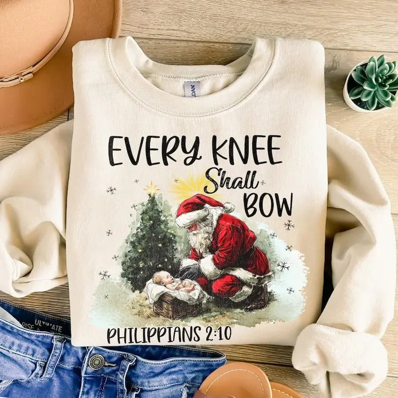 Every Knee Shall Bow Sweatshirt,hooodie,tshirt, Nativity Scene Sweater, Santa Claus Christmas Shirt, Keeling Santa Shirt,...