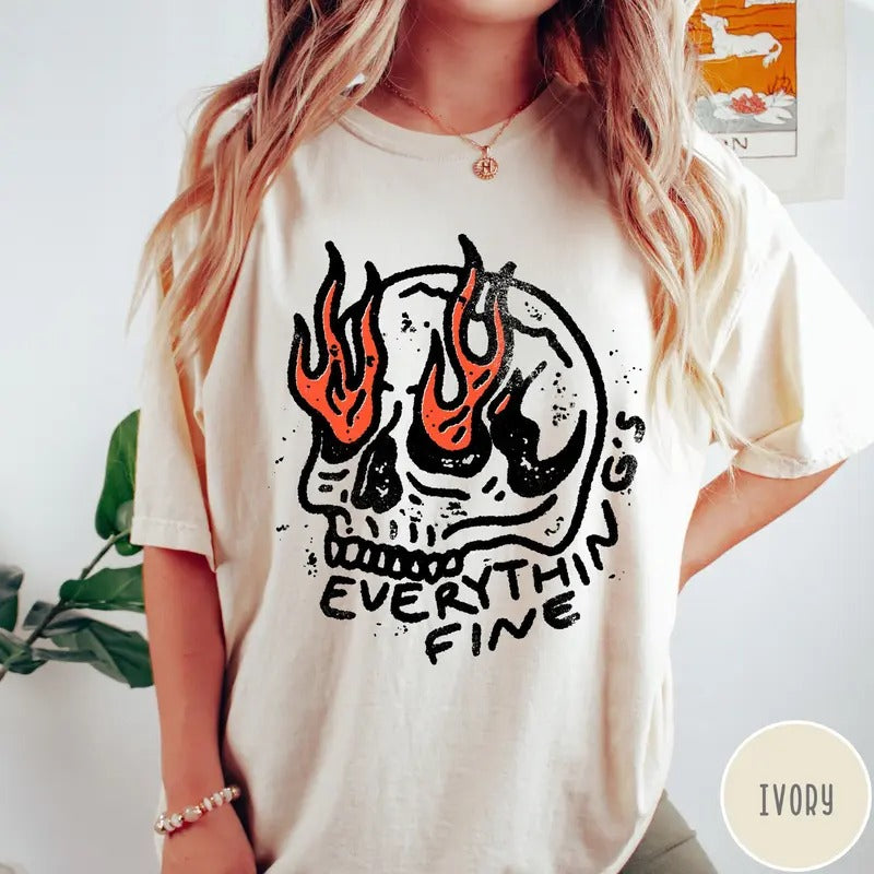 Everything Is Fine Shirt Vintage Unisex T-shirt Skull Oversized Shirt Retro Graphic Trendy Tee Grunge Everything Fine