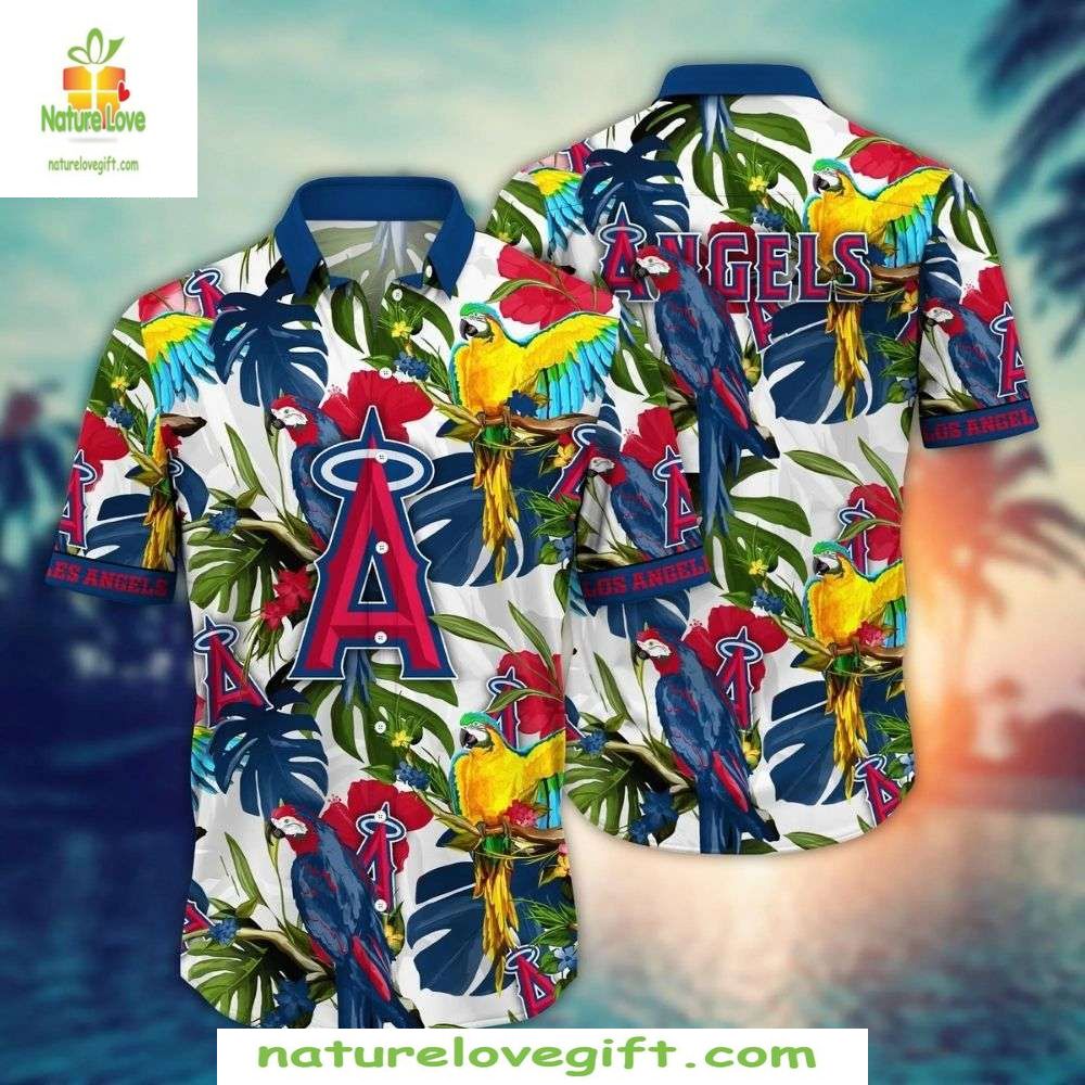 MLB Hawaiian Shirt Exotic Parrot Tropical Flora LA Angels Baseball Apparel