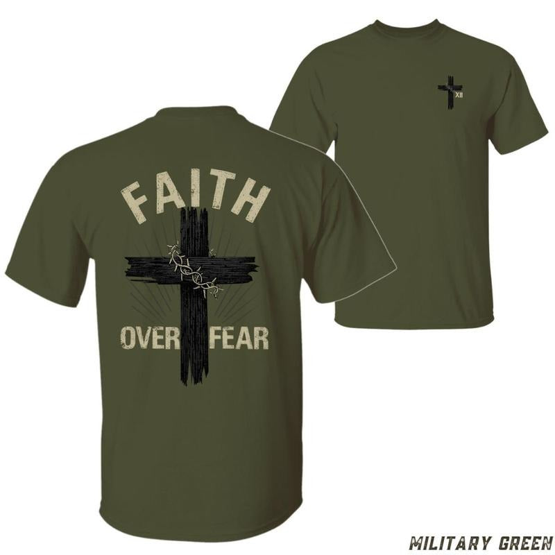 Faith Over Fear T-shirt - Inspirational Christian Design With Bold Cross Graphic Unisex Casual Crew Neck 100% Cotton Available In Multiple Colors - Tops Menswear