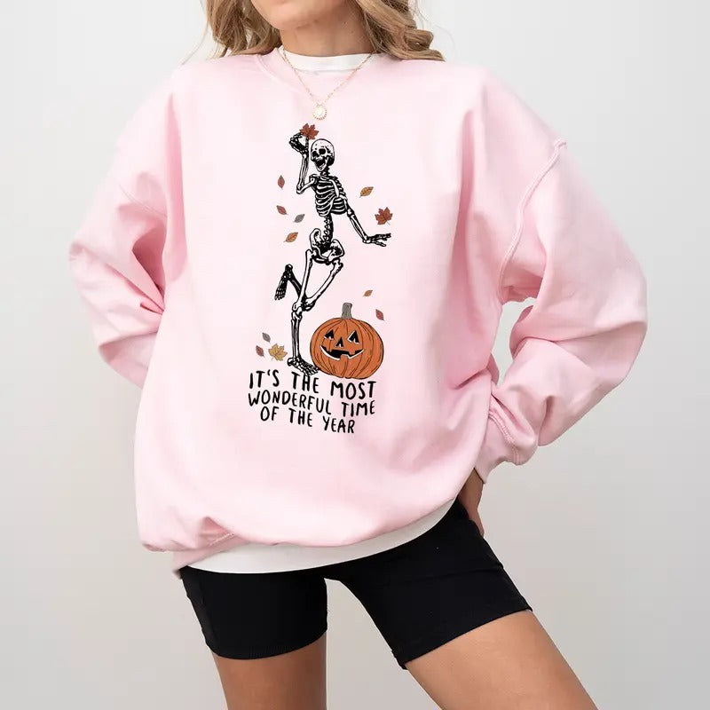 Fall It's The Most Wonderful Time Sweatshirt, Dancing Skeleton Pumpkin Sweater, Skeleton Fall Halloween T-Shirt,...