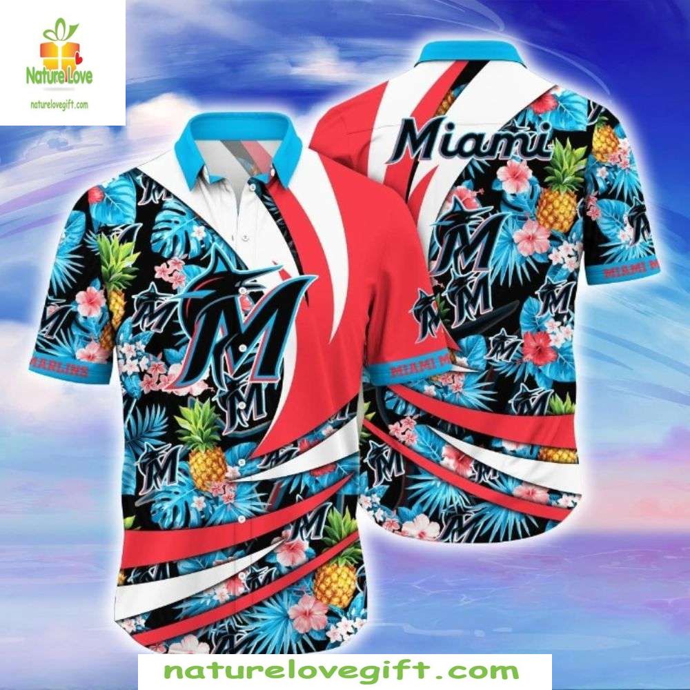Miami Marlins Hawaiian Shirt Fiery Floral Tropical Baseball Apparel